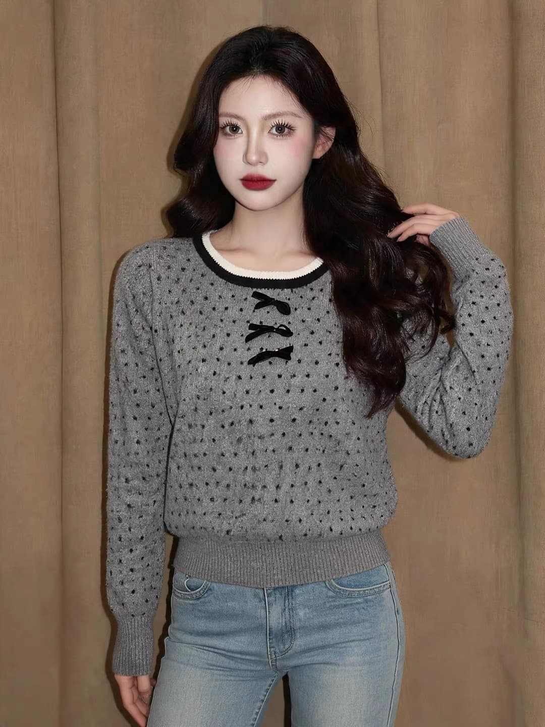 도트 무늬 레이스 나비 매듭 스웨터 여자 가을 겨울철 인사이드 가져 가라. 느긋한 바람 디자인 센스 고유 한 아름다운 고급 센스 맨위 상세 이미지 2
