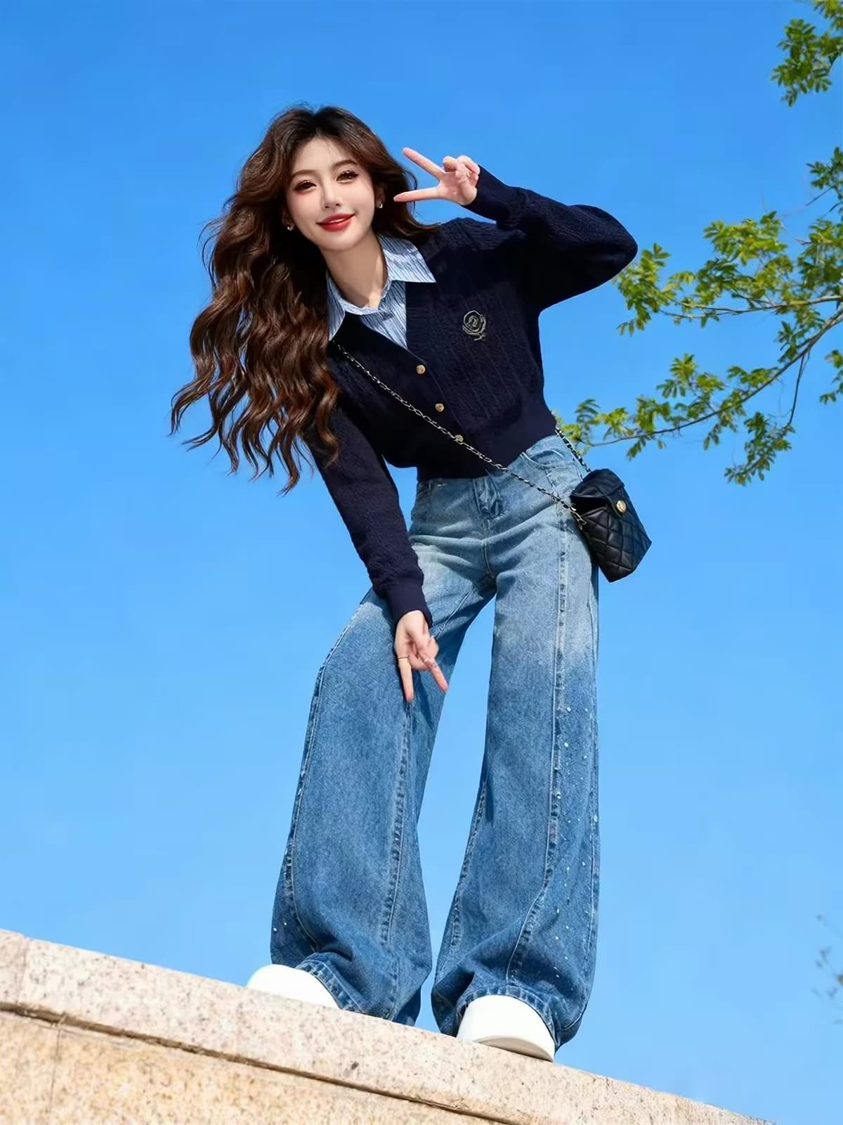 학원 스타일 스트라이프 POLO 칼라 페이크 레이어드 니트 스웨터 넓은 다리 그라데이션 청바지 세트 이른 봄 전체 집합 여성 의류 이미지 4