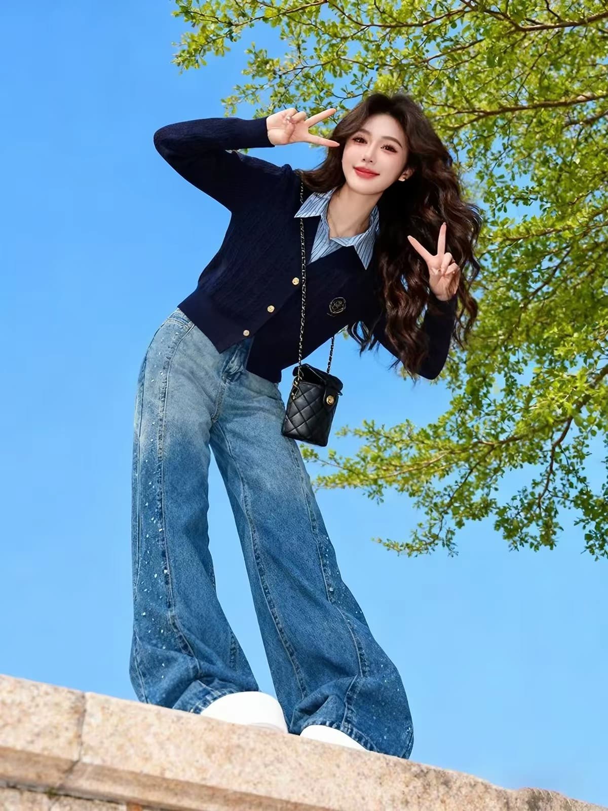 학원 스타일 스트라이프 POLO 칼라 페이크 레이어드 니트 스웨터 넓은 다리 그라데이션 청바지 세트 이른 봄 전체 집합 여성 의류 상세 이미지 1