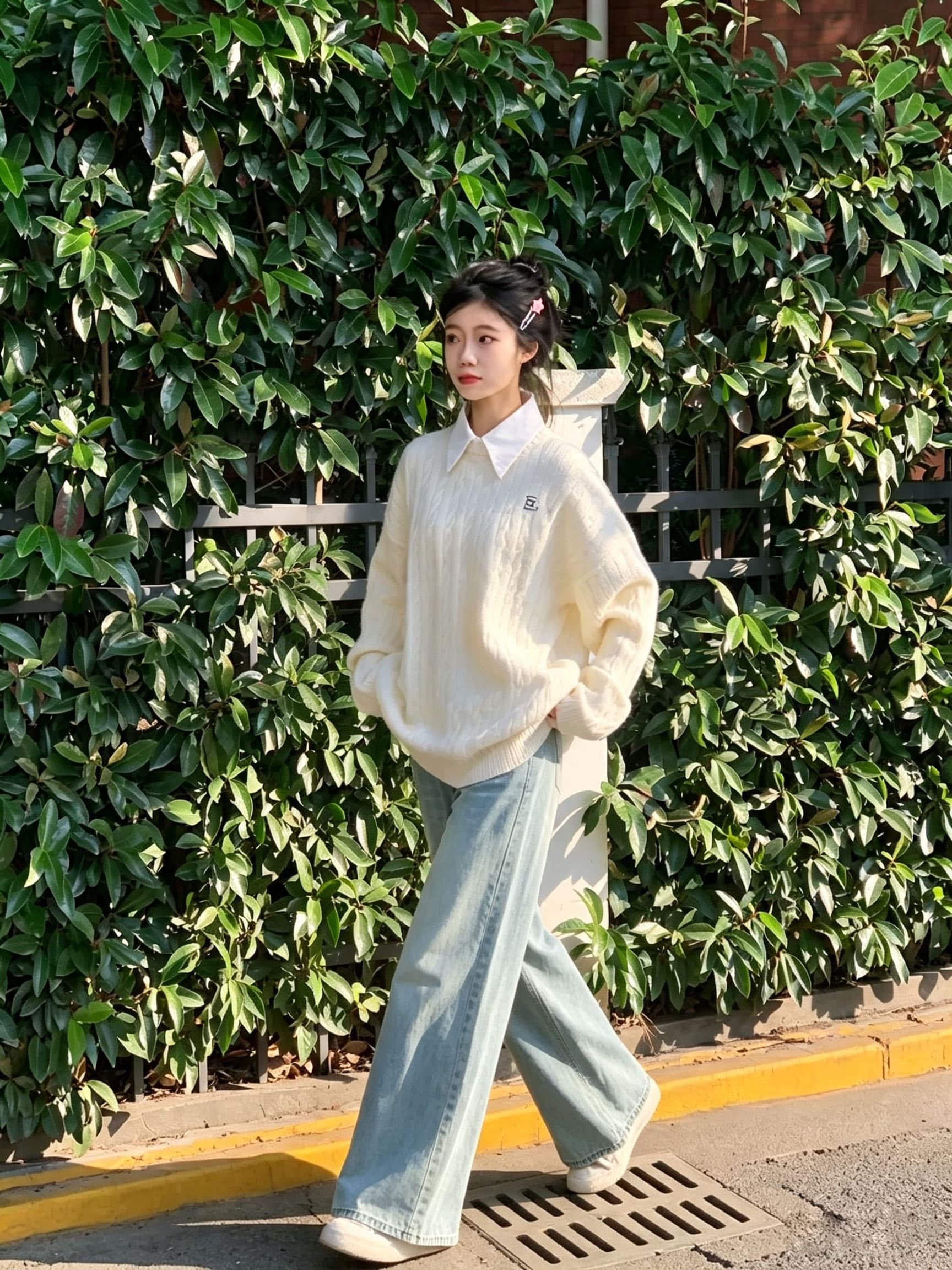 한 부서 코디 전체 집합 가을 의상 작은 키 연령 감소 외국 가스 스웨터 와이드 레그 팬츠 세 조각 세트 고급 센스 패션 이미지 2