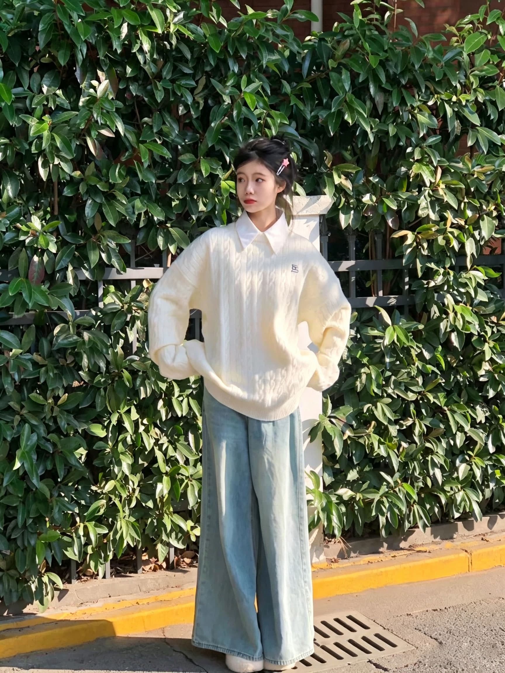 한 부서 코디 전체 집합 가을 의상 작은 키 연령 감소 외국 가스 스웨터 와이드 레그 팬츠 세 조각 세트 고급 센스 패션 상세 이미지 1