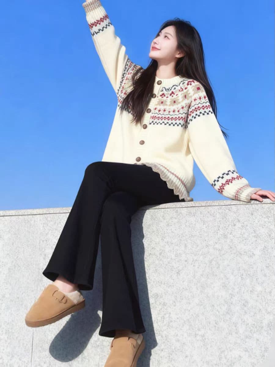 민족 스타일 레트로 자카드 배색 라운드 넥 공정한 섬 니트 카디건 코트 스웨터 여자 조기 가을 두꺼운 맨위 상세 이미지 3