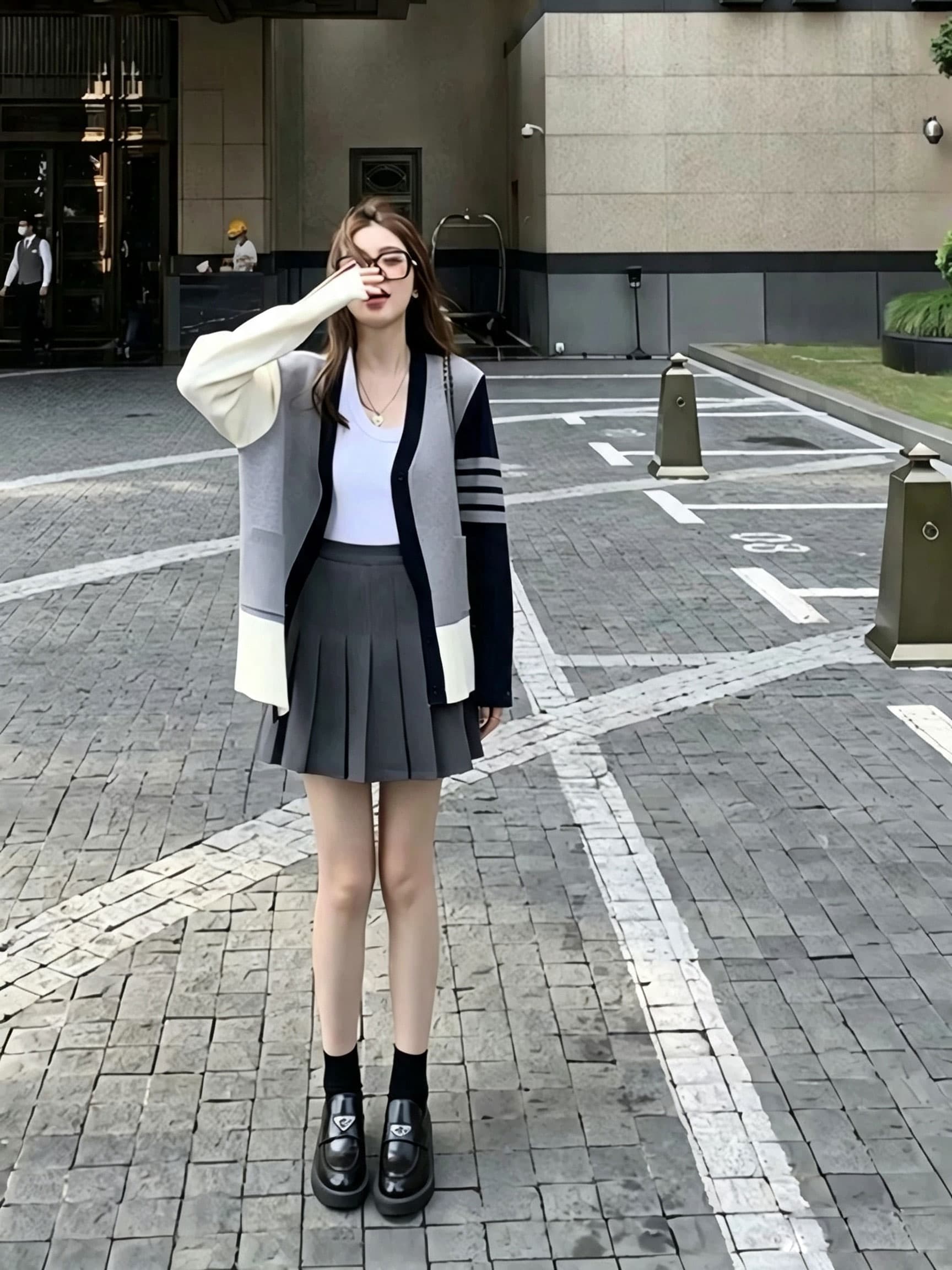 가을 한 부서 작은 키 품격 착용 가져 가라. 세트 드레스 여성 작은 샤넬 스타일 니트 카디건 코트 플리츠 스커트 투피스 세트 상세 이미지 5