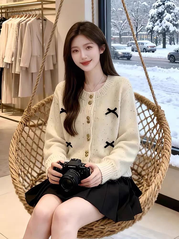 가을 한 부서 작은 키 품격 착용 가져 가라. 세트 드레스 여성 작은 샤넬 스타일 니트 카디건 코트 플리츠 스커트 투피스 세트 이미지 4