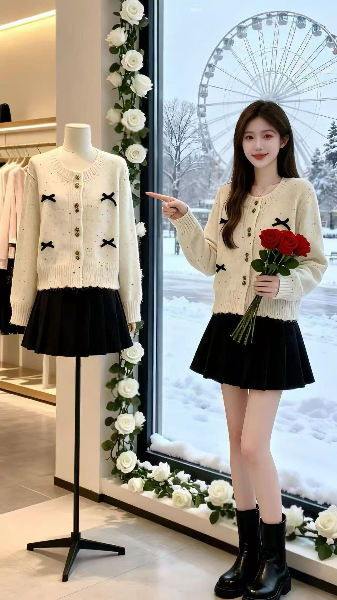 가을 한 부서 작은 키 품격 착용 가져 가라. 세트 드레스 여성 작은 샤넬 스타일 니트 카디건 코트 플리츠 스커트 투피스 세트 상세 이미지 4