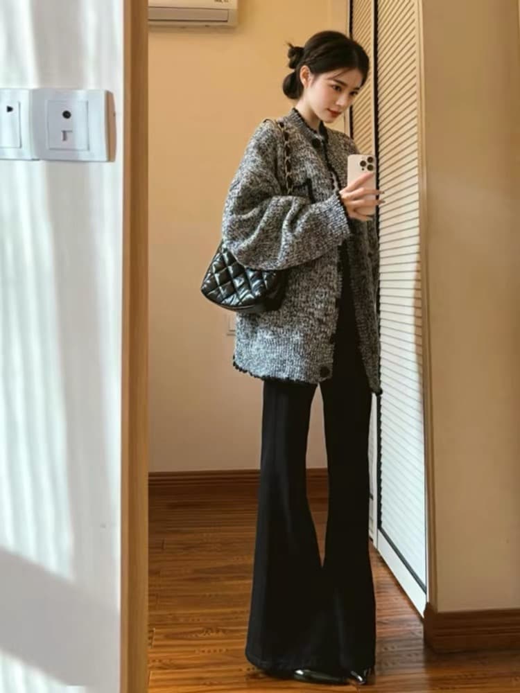 한국 스타일 작은 샤넬 스타일 레트로 회색 고급 센스 스웨터 여성 코트 가을 느긋한 바람 루즈핏 니트 오픈 가디건 맨위 이미지 4