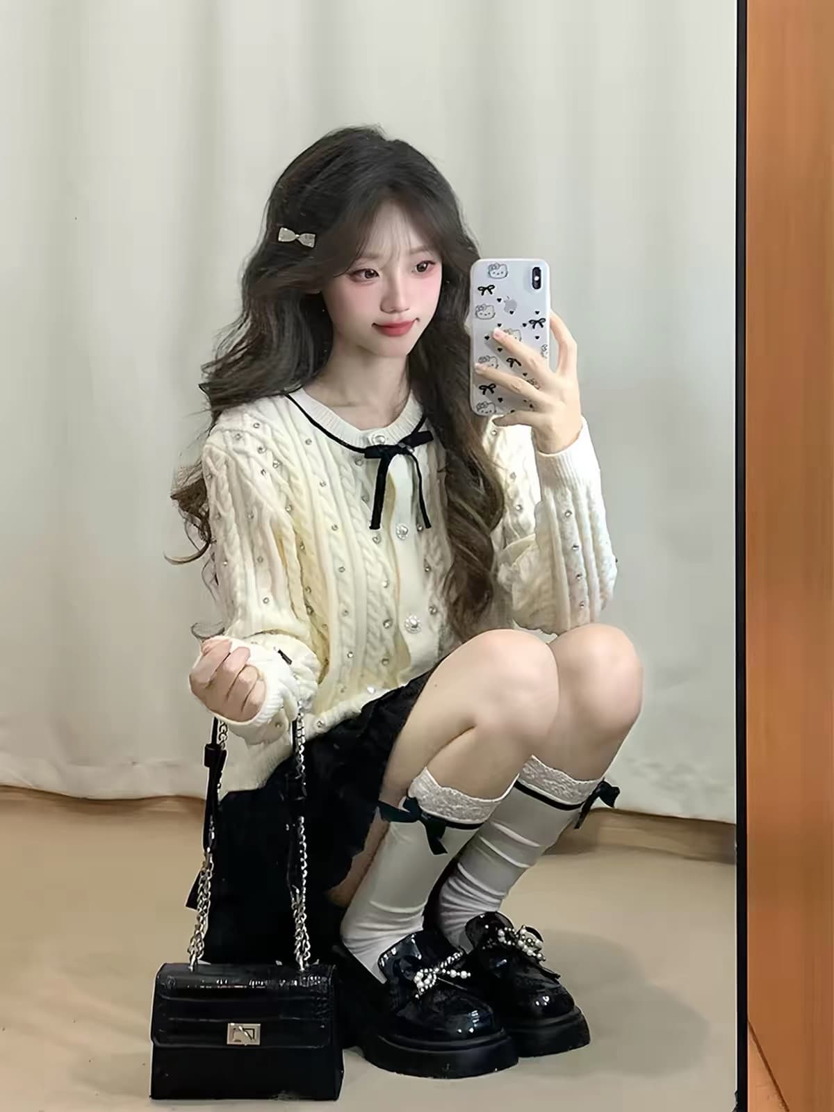 부유 한 가족 천 골드 작은 샤넬 스타일 세트 여성 가을 겨울철 달콤함 학원 스타일 니트 오픈 가디건 케이크 드레스 착용 가져 가라. 투피스 세트 이미지 4