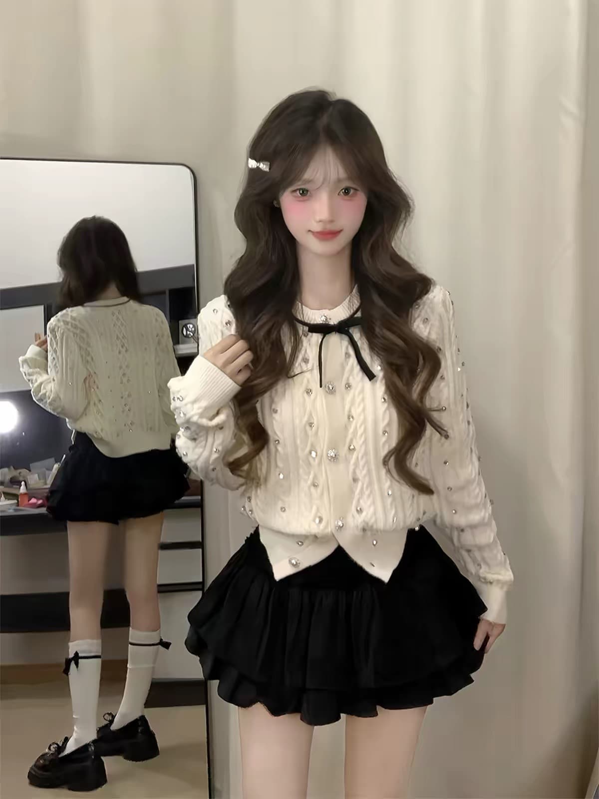 부유 한 가족 천 골드 작은 샤넬 스타일 세트 여성 가을 겨울철 달콤함 학원 스타일 니트 오픈 가디건 케이크 드레스 착용 가져 가라. 투피스 세트 상세 이미지 2