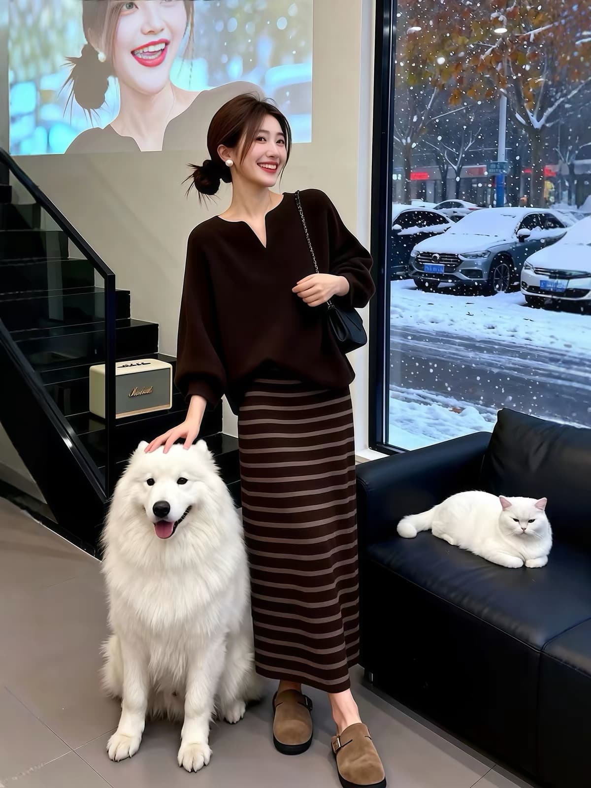 한 스타일 코디 전체 집합 겨울 의류 관대 한 점잖은 품격 로얄 자매 니트 스웨터 스트라이프 반신 스커트 스웨터 세트 여성 이미지 3