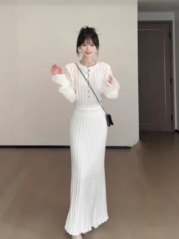 느긋한 바람 느슨함 센스 홀로우 아웃 니트 맨위 반신 스커트 투피스 슈트 품격 전체 집합 ootd 착용 가져 가라. 26 가을 이미지 4