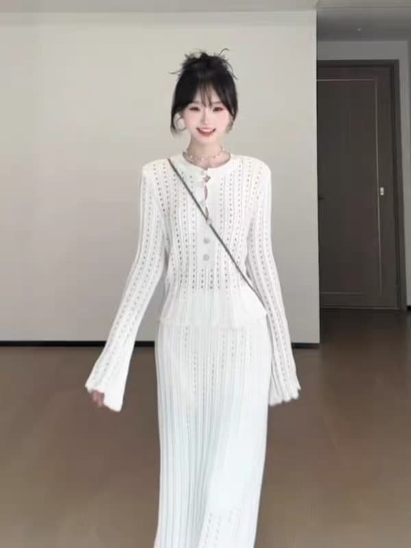 느긋한 바람 느슨함 센스 홀로우 아웃 니트 맨위 반신 스커트 투피스 슈트 품격 전체 집합 ootd 착용 가져 가라. 26 가을 상세 이미지 1