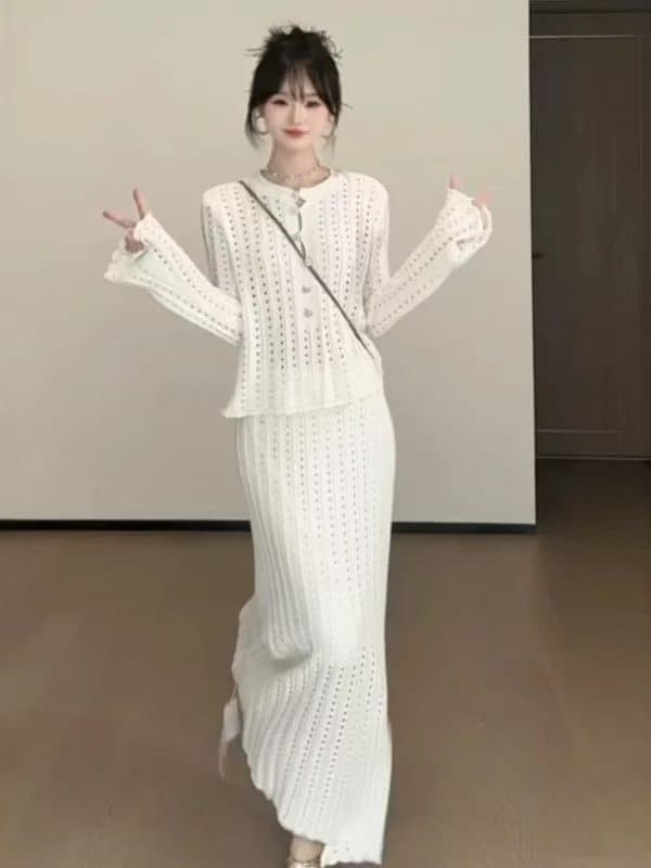 느긋한 바람 느슨함 센스 홀로우 아웃 니트 맨위 반신 스커트 투피스 슈트 품격 전체 집합 ootd 착용 가져 가라. 26 가을 상세 이미지 2