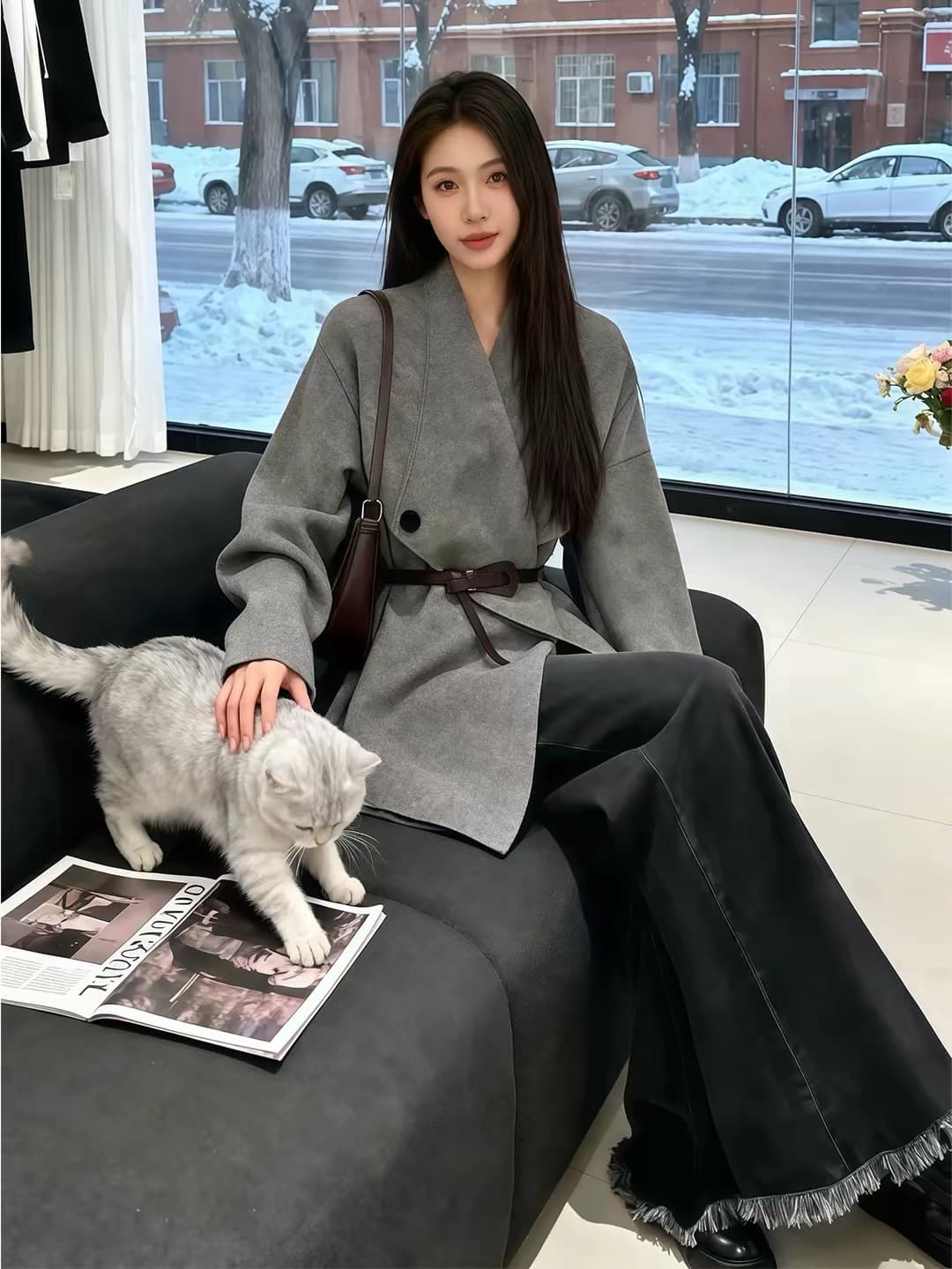 품격 착용 가져 가라. 전체 집합 고급 센스 슈퍼 잘 생긴 스웨터 코트 넓은 다리 청바지 투피스 슈트 2026 겨울 상세 이미지 1
