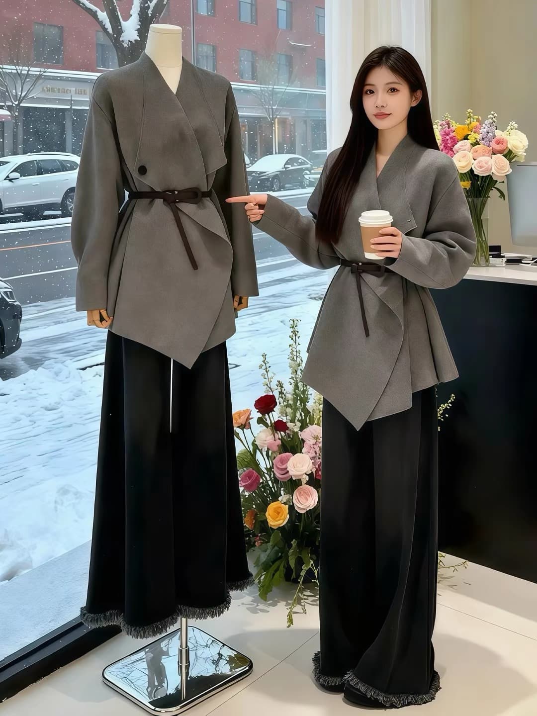 품격 착용 가져 가라. 전체 집합 고급 센스 슈퍼 잘 생긴 스웨터 코트 넓은 다리 청바지 투피스 슈트 2026 겨울 상세 이미지 2