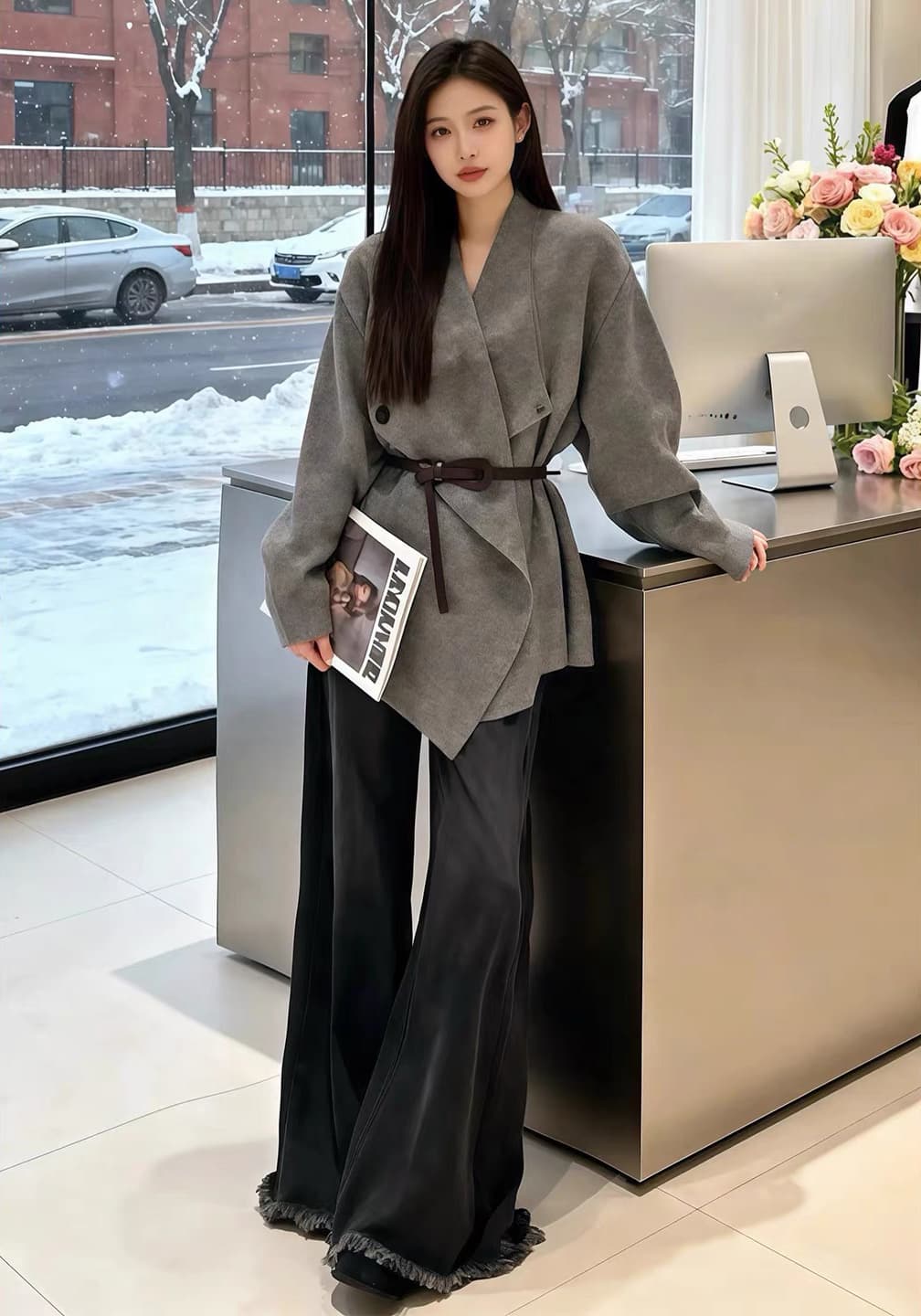 품격 착용 가져 가라. 전체 집합 고급 센스 슈퍼 잘 생긴 스웨터 코트 넓은 다리 청바지 투피스 슈트 2026 겨울 상세 이미지 3