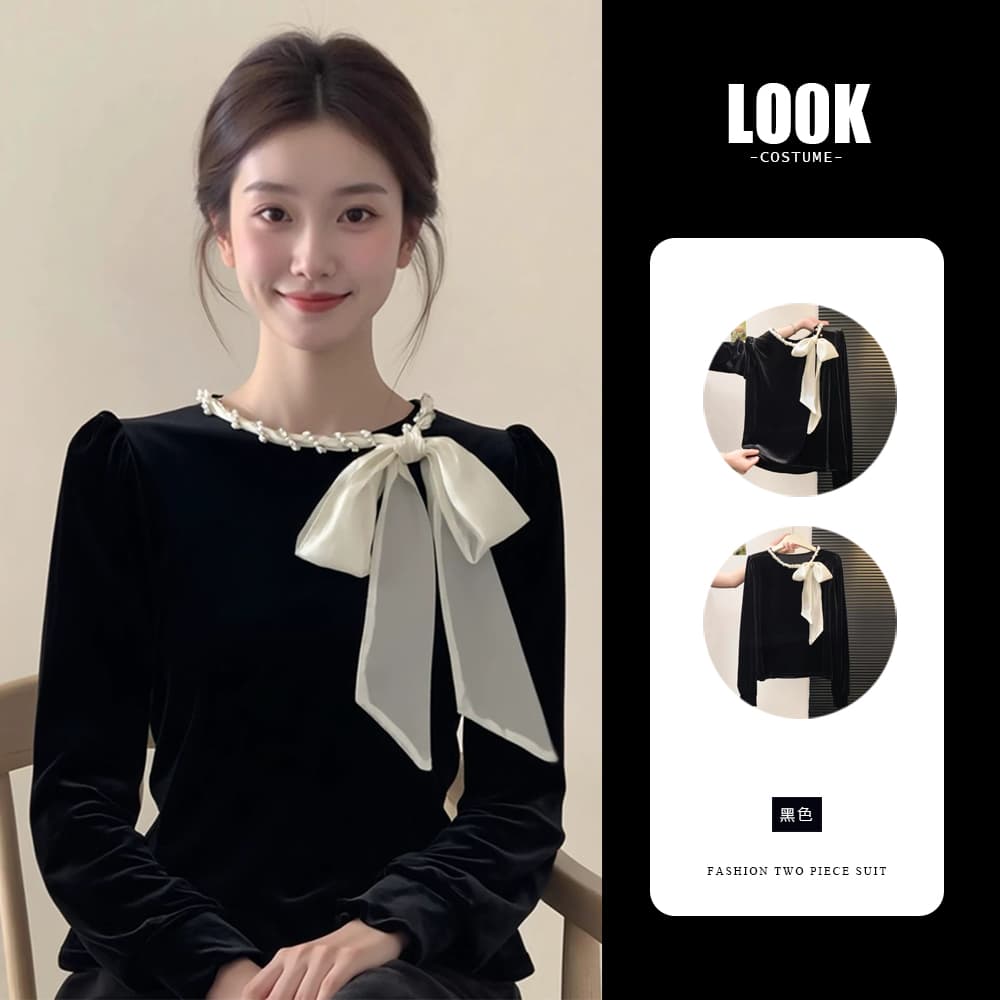 프랑스식 절묘한 나비 매듭 검정색 벨벳 여성 셔츠 가을 겨울 빛 럭셔리 고급 센스 비즈 박기 티셔츠 기본 셔츠 맨위