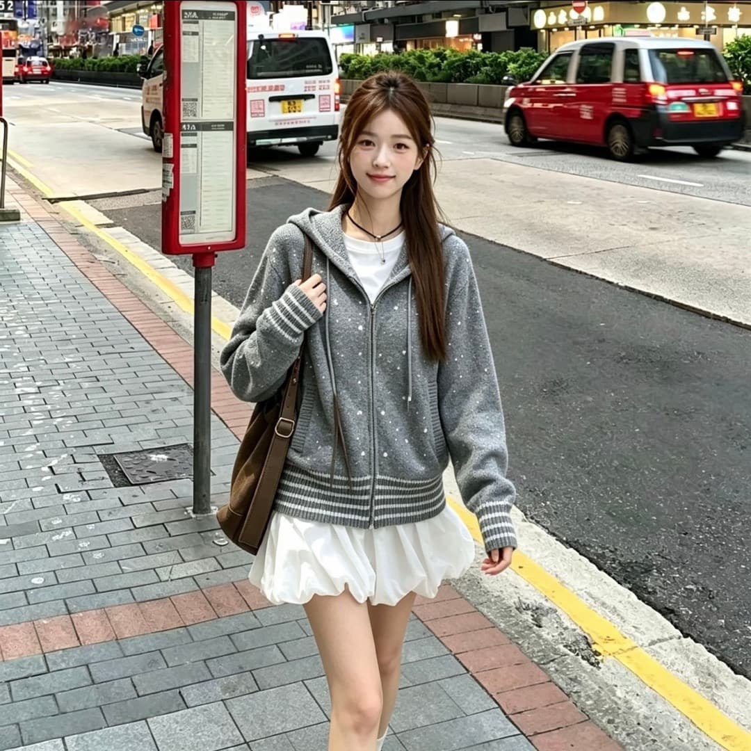 한 부서 고대 조기 센스 레트로 스트라이프 도트 무늬 자카드 니트 재킷 랜턴 치마 자이언트 잘 생긴 루즈핏 세 조각 세트 여성 상세 이미지 3