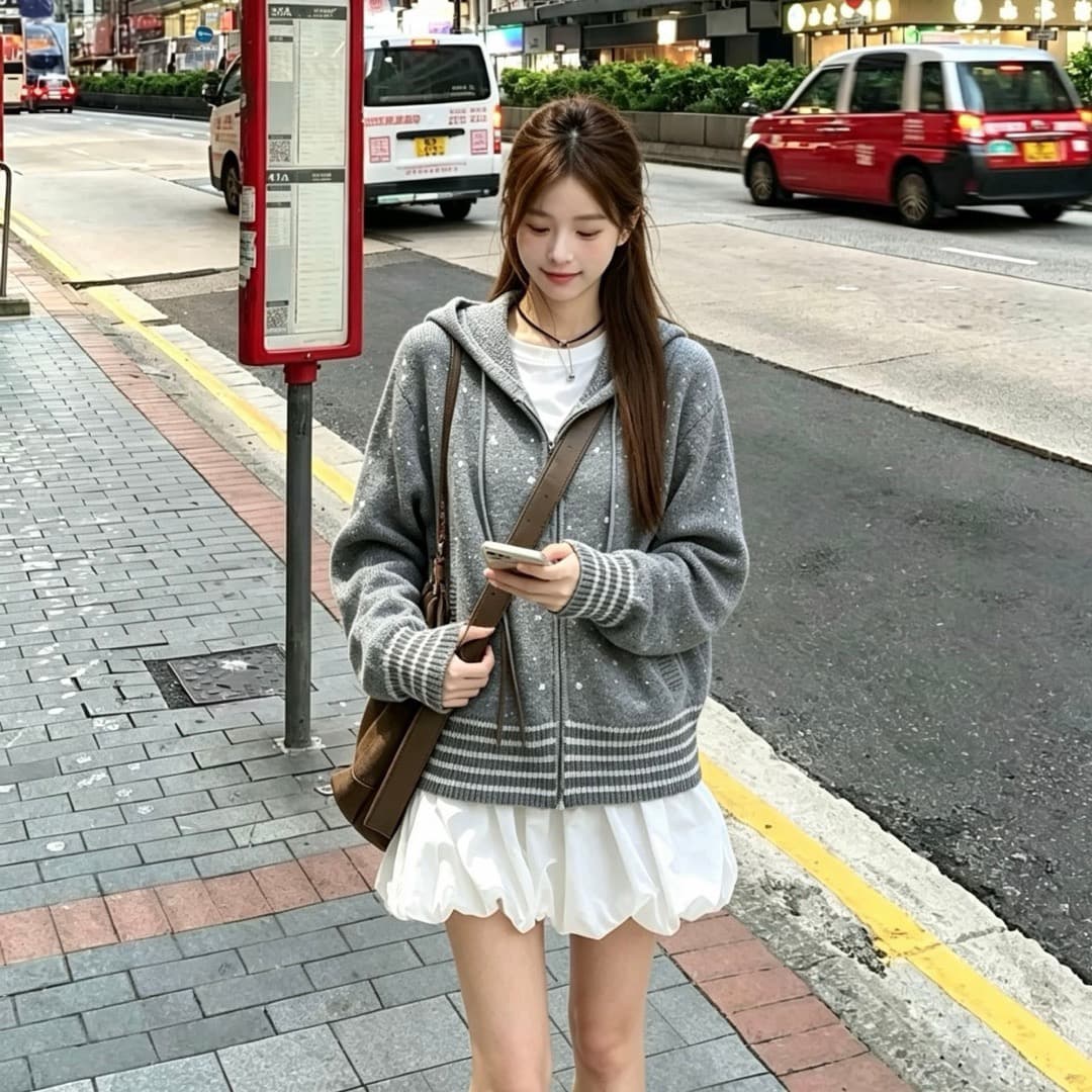 한 부서 고대 조기 센스 레트로 스트라이프 도트 무늬 자카드 니트 재킷 랜턴 치마 자이언트 잘 생긴 루즈핏 세 조각 세트 여성 상세 이미지 4