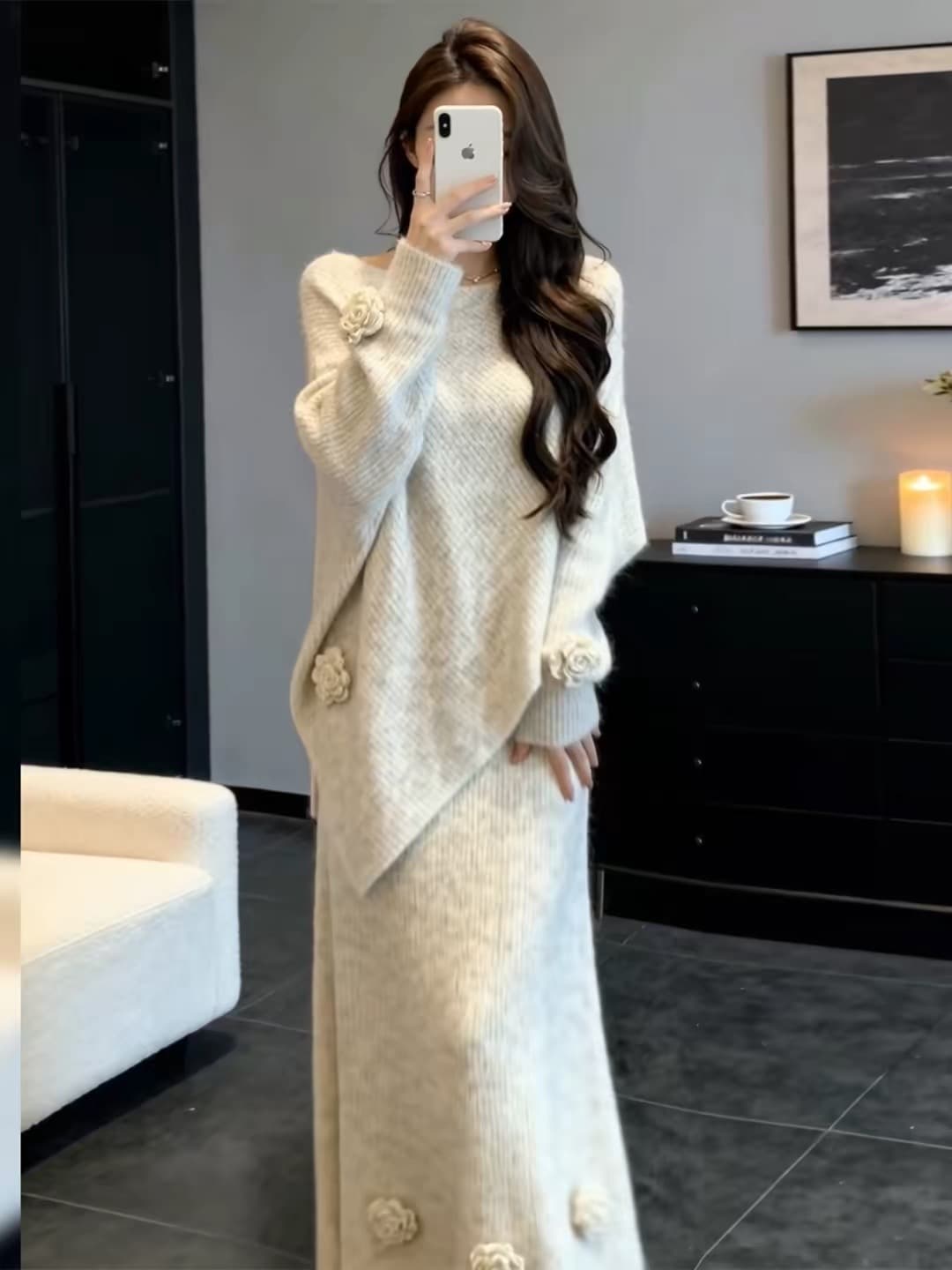 한 부서 부드러운 바람 패션 니트 반신 치마 세트 여성 가을 겨울철 루즈핏 슬림해 보이는 품격 스웨터 세트 치마 이미지 2