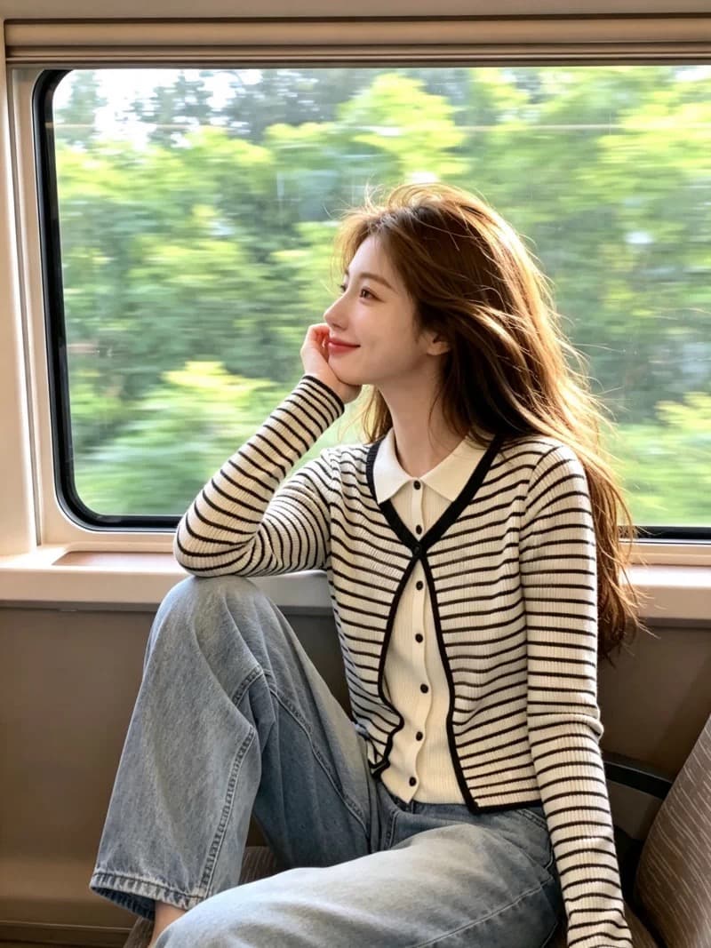 보존 섹션 추천 배색 스트라이프 페이크 레이어드 니트 오픈 가디건 여성 가을 새로운 품격 슬림해 보이는 연령 감소 맨위 이미지 2