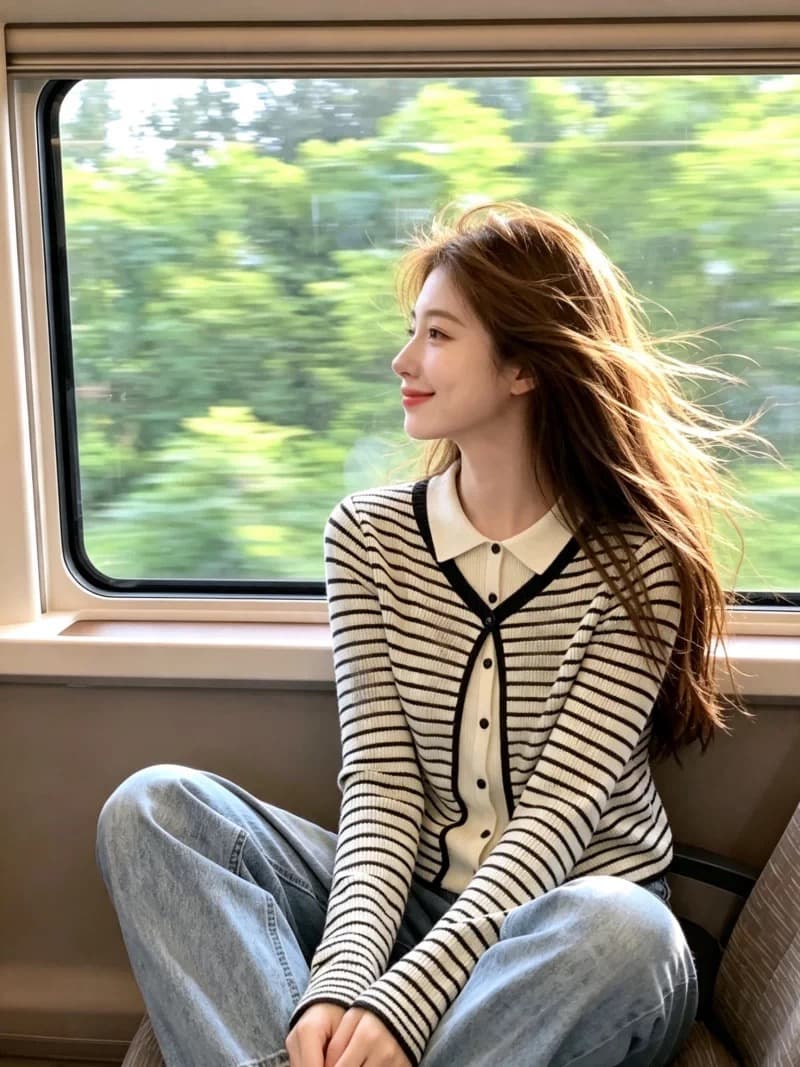 보존 섹션 추천 배색 스트라이프 페이크 레이어드 니트 오픈 가디건 여성 가을 새로운 품격 슬림해 보이는 연령 감소 맨위 상세 이미지 2