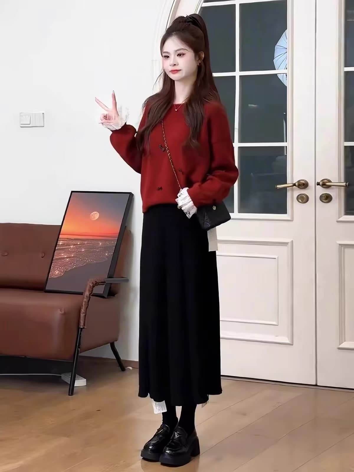 늦가을 가을 착용 가져 가라. 전체 집합 자이언트 잘 생긴 고급 센스 연령 감소 작은 샤넬 스타일 디자인 센스 빨간색 스웨터 세트 치마 상세 이미지 4
