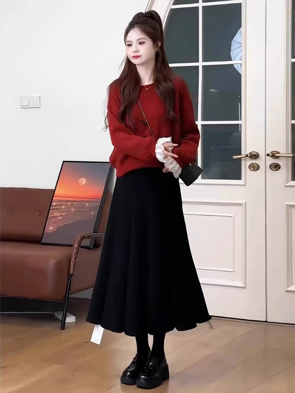 늦가을 가을 착용 가져 가라. 전체 집합 자이언트 잘 생긴 고급 센스 연령 감소 작은 샤넬 스타일 디자인 센스 빨간색 스웨터 세트 치마 상세 이미지 5