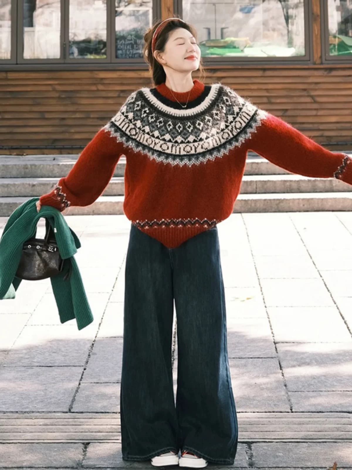 아메리칸 레트로 라운드 넥 자카드 니트 카디건 여성 가을 겨울 루즈핏 고유 한 슈퍼 잘 생긴 인사이드 가져 가라. 공정한 섬에서 의류 상세 이미지 2