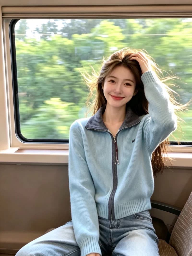 보존 섹션 추천 부드러운 바람 배색 폴로 칼라 지퍼 니트 오픈 가디건 여성 가을 겨울 새로운 연령 감소 스웨터 코트 상세 이미지 3
