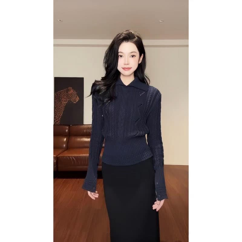 프랑스식 홀로우 아웃 꽈배기 폴로 칼라 스웨터 여자 가을 겨울 디자인 센스 허리 수축 슬림해 보이는 인사이드 가져 가라. 니트 스웨터 POLO 칼라 맨위 이미지 2