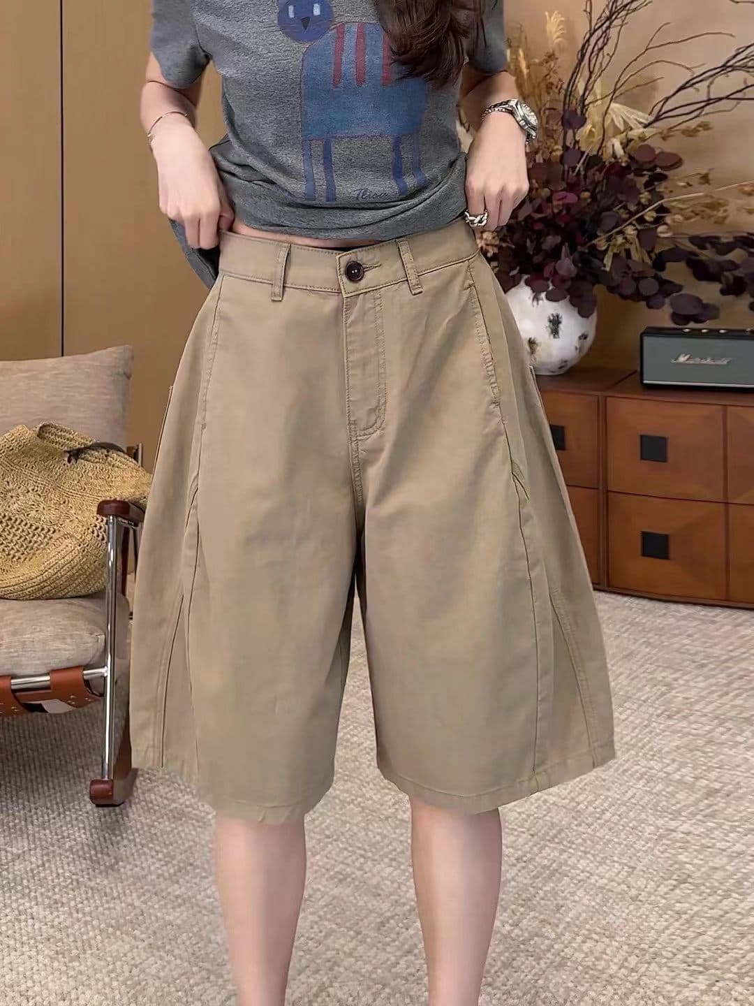 아메리칸 카키 색 워크웨어 오부 바지 여성 여름 얇은 스타일 2026 새로운 하이웨이스트 루즈핏 캐주얼 반바지 이미지 3
