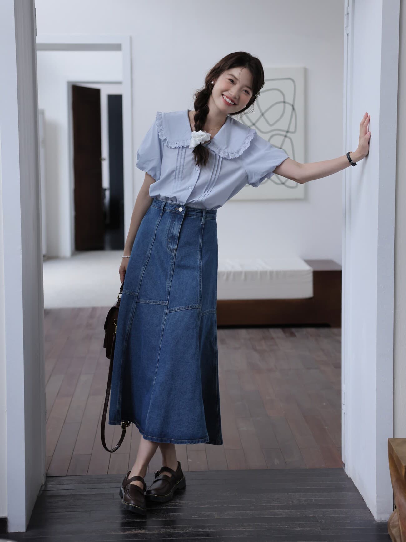 파란색 하이웨이스트 데님 반신 스커트 여성 봄 가을 새로운 레트로 디자인 센스 인기 다용도 인어 꼬리 중간 길이 치마 상세 이미지 4