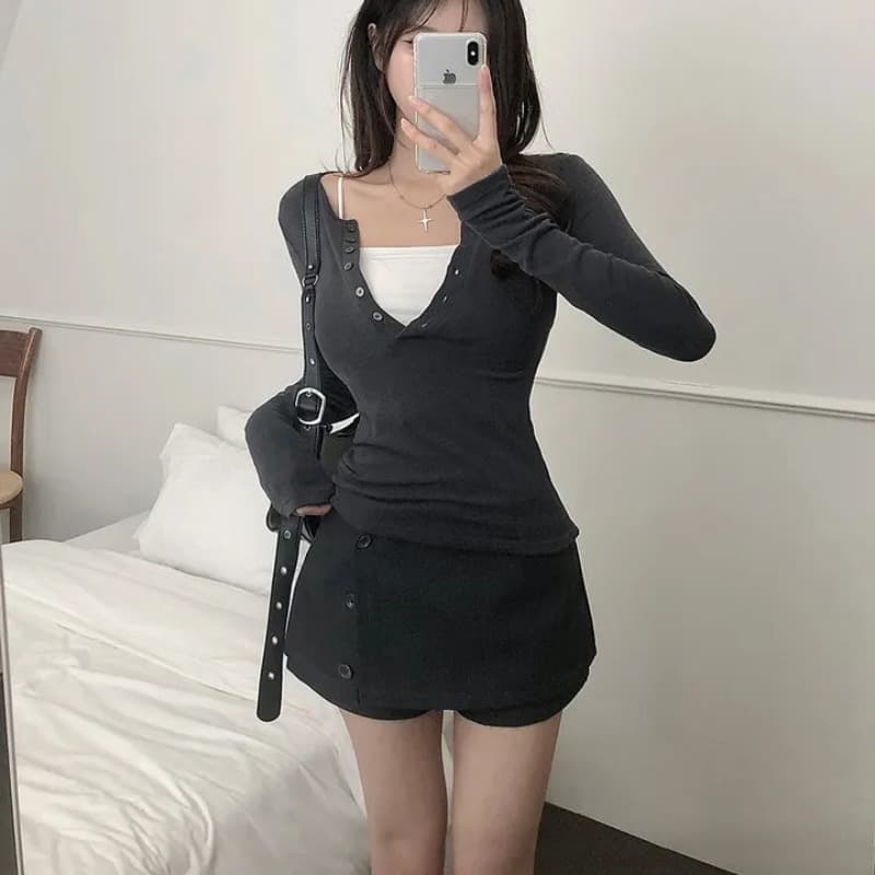 한국 chic 새로운 디자인 센스 웨스트 로드 중 반신 스커트 단추 디자인 노출 방지 치마바지 하이웨이스트 미니 스커트 여성 의류 상세 이미지 7
