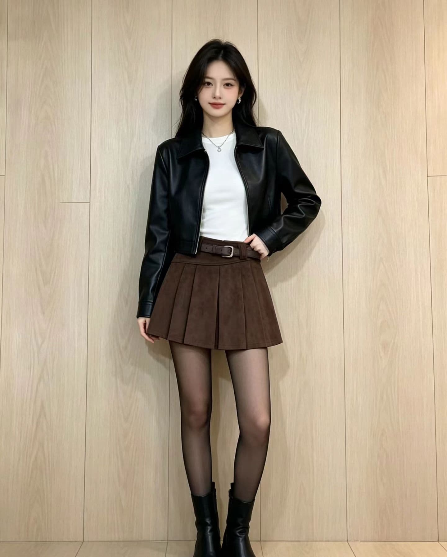 가을 새로운 사슴 캐시미어 하이웨이스트 슬림해 보이는 반신 스커트 플리츠 스커트 노출 방지 미니 스커트 A라인 스커트 여성 경기 벨트 여성 이미지 3