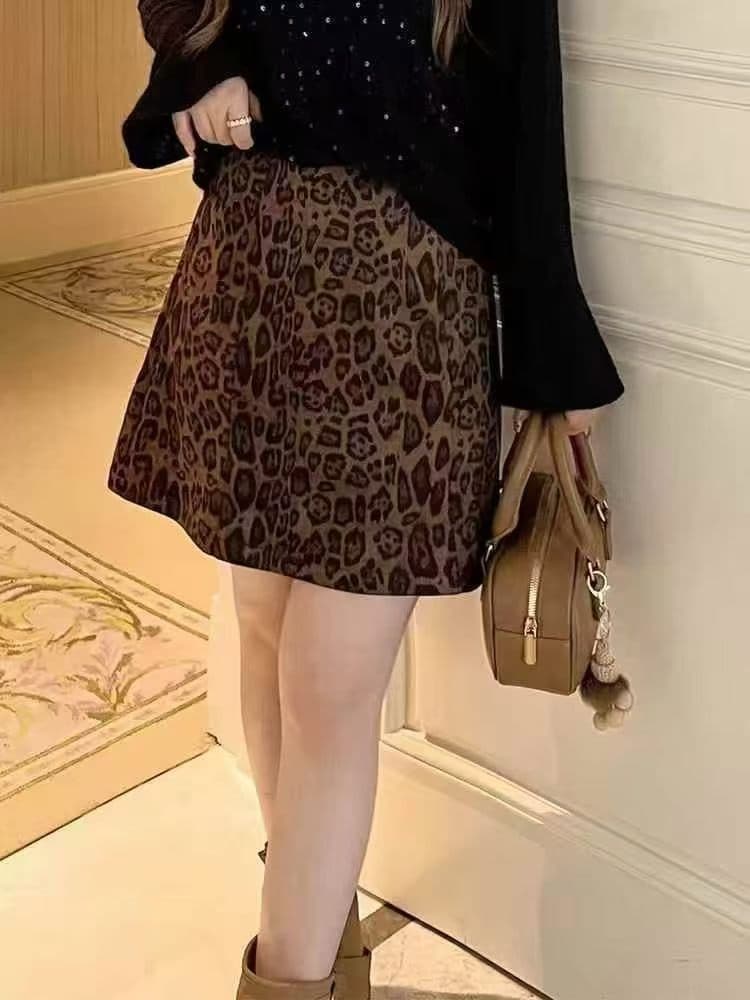 세련된 레트로 레오파드 무늬 프린트 한 마디 반신 스커트 여성 이른 가을 외국 가스 하이웨이스트 슬림해 보이는 노출 방지 작은 우유 표범 미니 스커트 상세 이미지 3