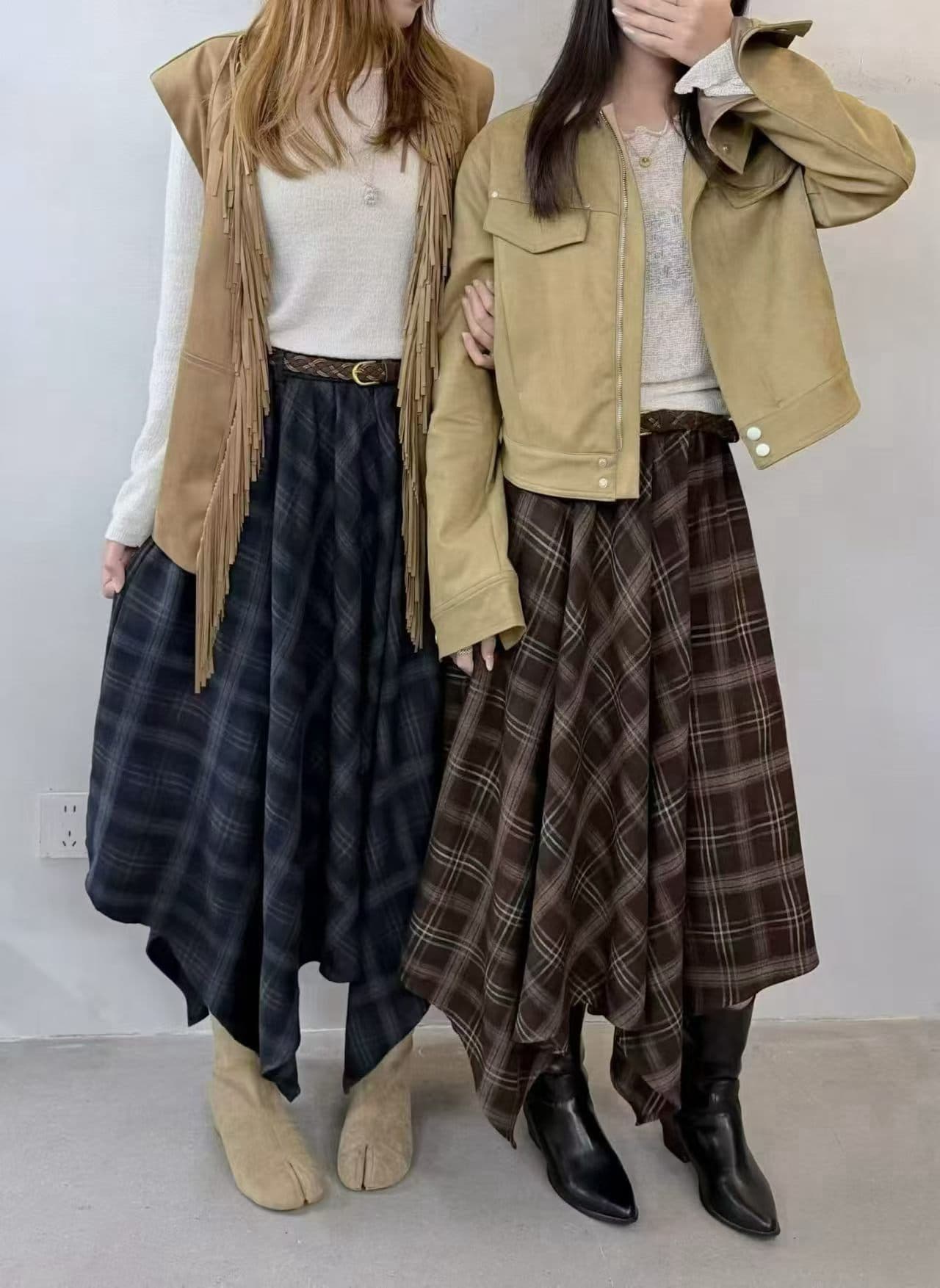 이른 가을 새로운 폭발 한 부서 미니멀리즘 캐주얼 다용도 불규칙 체크무늬 반신 스커트