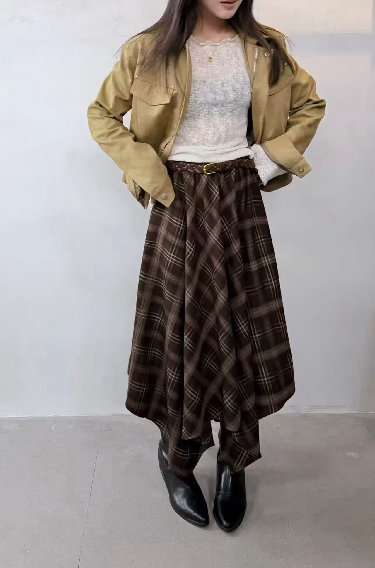 이른 가을 새로운 폭발 한 부서 미니멀리즘 캐주얼 다용도 불규칙 체크무늬 반신 스커트 상세 이미지 4