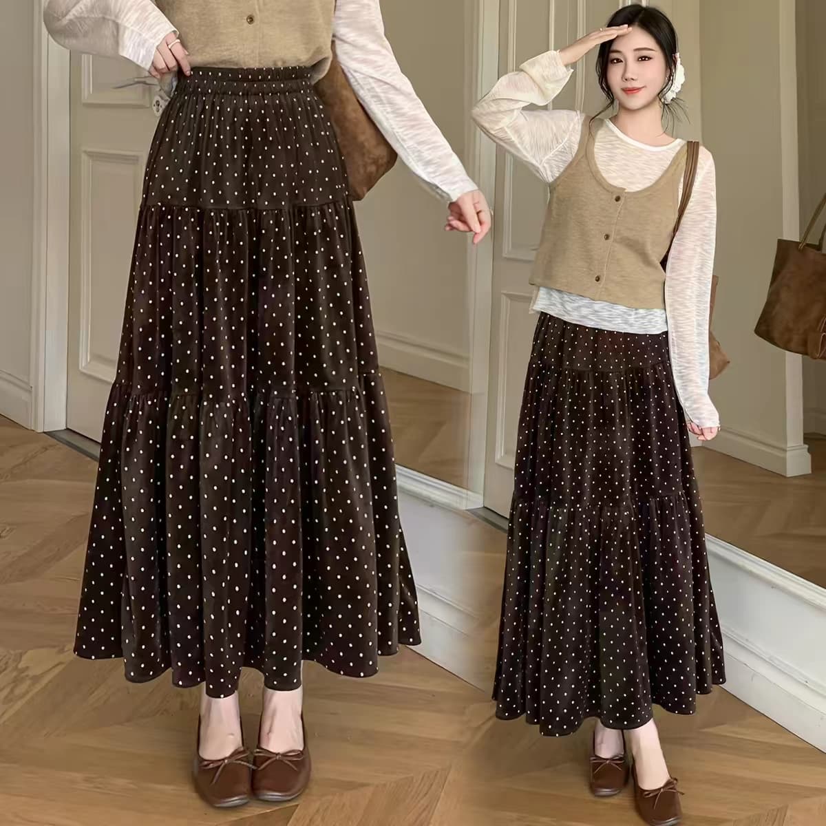 가을 겨울 새로운 프랑스식 벨벳 프린트 도트 반신 스커트 여성 허리밴드 한 마디 패치워크 도트 무늬 케이크 길다 치마