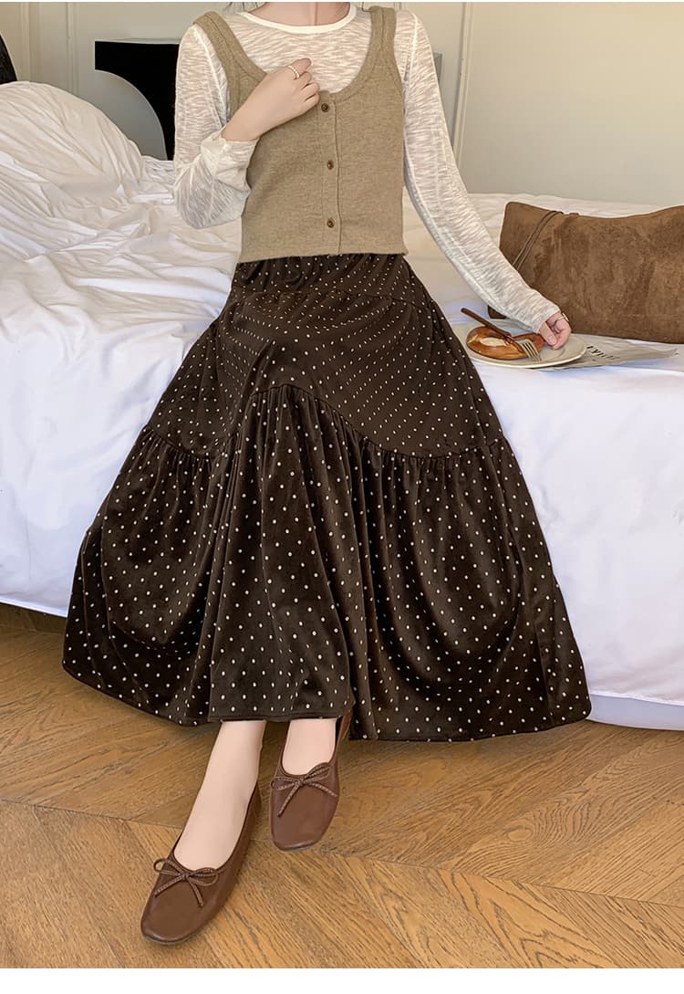 가을 겨울 새로운 프랑스식 벨벳 프린트 도트 반신 스커트 여성 허리밴드 한 마디 패치워크 도트 무늬 케이크 길다 치마 이미지 4