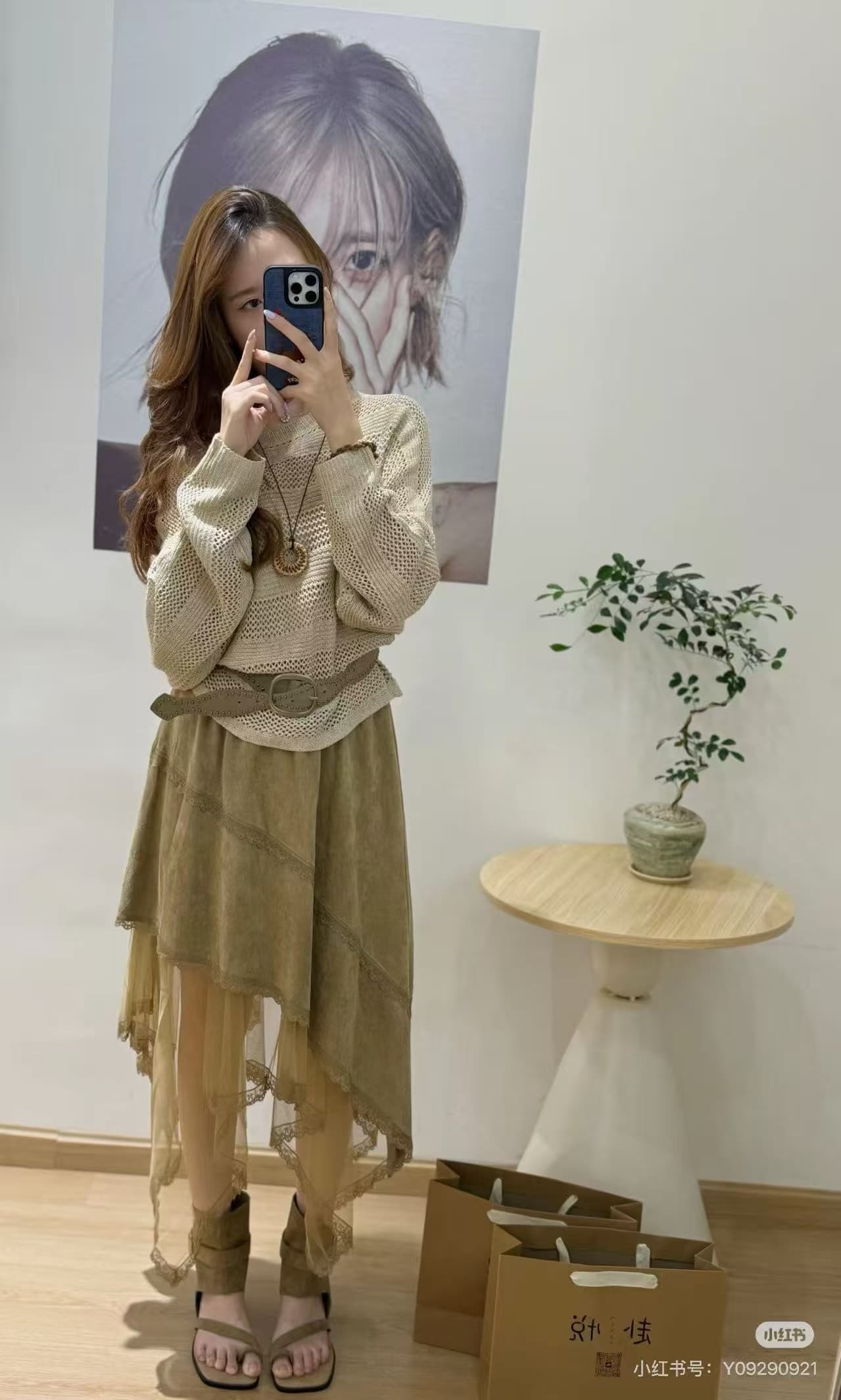 레트로 브라운 조정 스웨이드 원단 레이스 레이스 반신 스커트 불규칙 밑단 망사 허리밴드 분위기 센스 중간 길이 스커트 이미지 3
