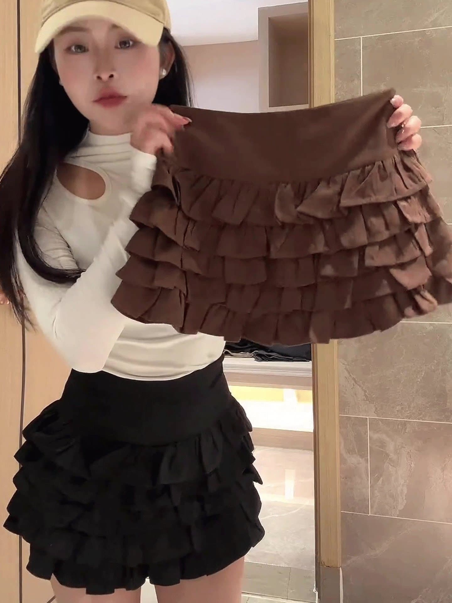 달콤함 연령 감소 목이버섯 프릴 스웨이드 원단 반신 스커트 노출 방지 미니 스커트 케이크 드레스 A라인 스커트 여성 상세 이미지 1
