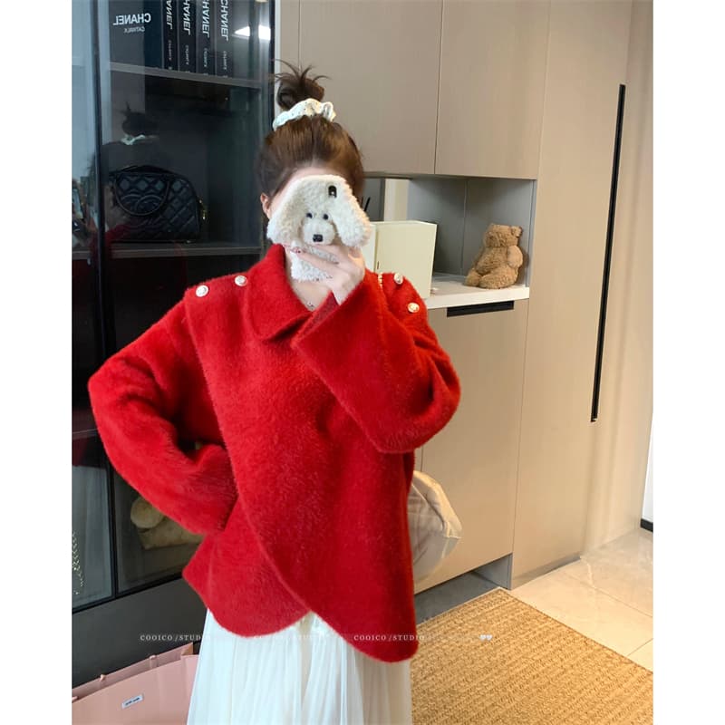 실사 빅 사이즈 여성 의류 봄 가을 통통한 여동생 빨간색 망토 숄 불규칙 단추 베이비 칼라 쇼트 스타일 재킷 이미지 2