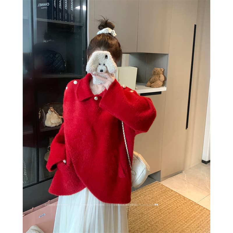 실사 빅 사이즈 여성 의류 봄 가을 통통한 여동생 빨간색 망토 숄 불규칙 단추 베이비 칼라 쇼트 스타일 재킷 이미지 3