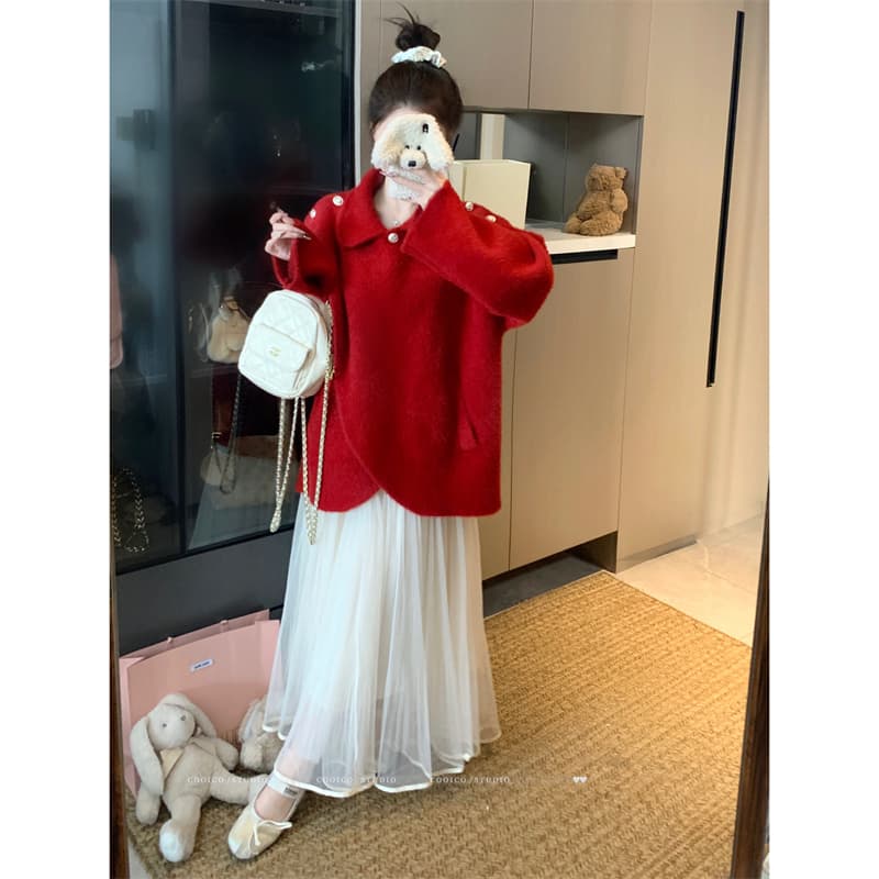 실사 빅 사이즈 여성 의류 봄 가을 통통한 여동생 빨간색 망토 숄 불규칙 단추 베이비 칼라 쇼트 스타일 재킷 이미지 5