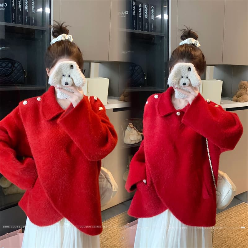 실사 빅 사이즈 여성 의류 봄 가을 통통한 여동생 빨간색 망토 숄 불규칙 단추 베이비 칼라 쇼트 스타일 재킷 상세 이미지 2