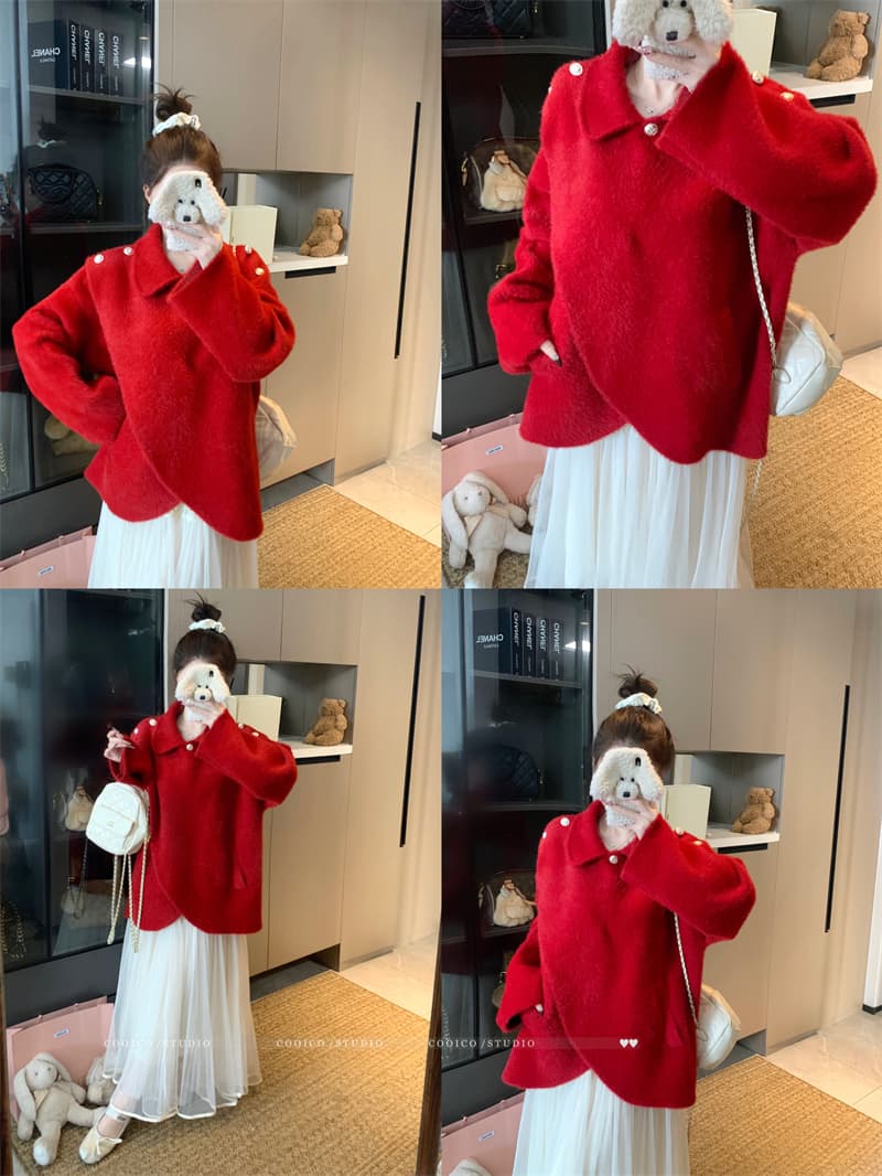 실사 빅 사이즈 여성 의류 봄 가을 통통한 여동생 빨간색 망토 숄 불규칙 단추 베이비 칼라 쇼트 스타일 재킷 상세 이미지 4