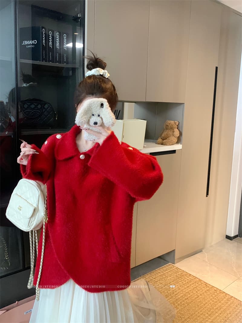 실사 빅 사이즈 여성 의류 봄 가을 통통한 여동생 빨간색 망토 숄 불규칙 단추 베이비 칼라 쇼트 스타일 재킷 상세 이미지 6