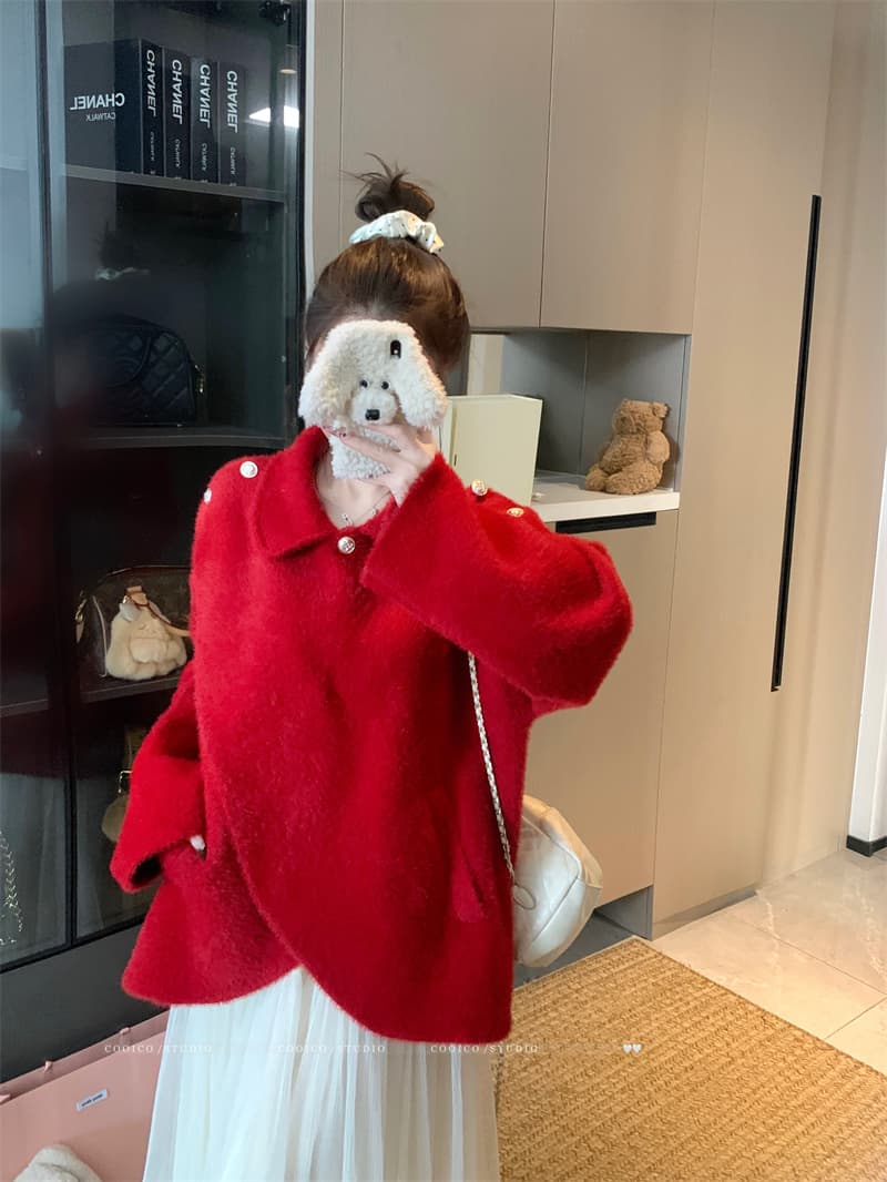 실사 빅 사이즈 여성 의류 봄 가을 통통한 여동생 빨간색 망토 숄 불규칙 단추 베이비 칼라 쇼트 스타일 재킷 상세 이미지 8