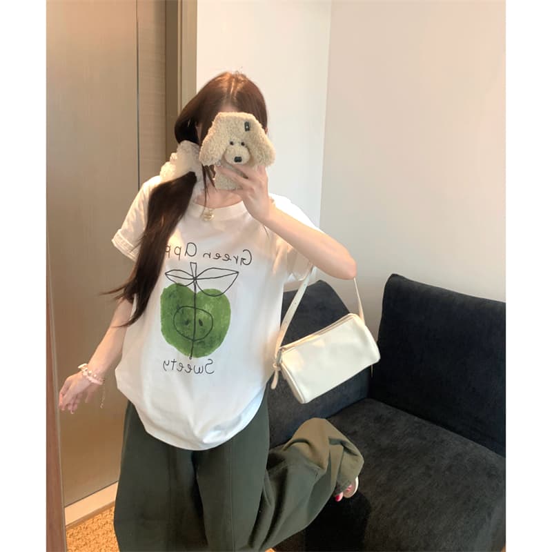 실사 빅 사이즈 여성 의류 여름 지방 mm 긍정적 인 어깨 녹색 애플 프린트 화이트 순면 루즈핏 반팔 티셔츠 맨위 이미지 2