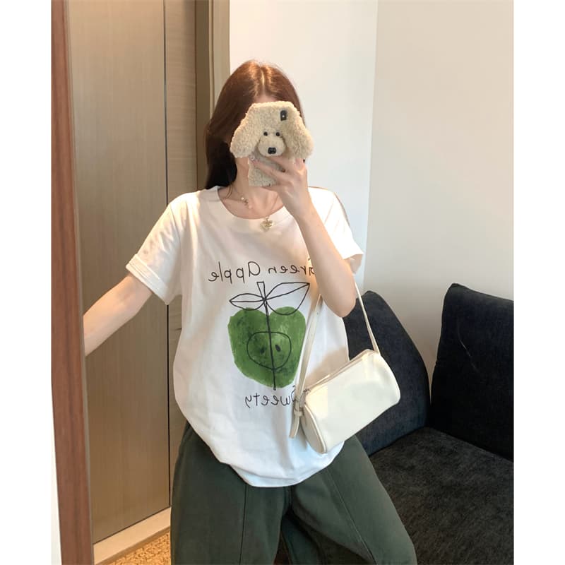 실사 빅 사이즈 여성 의류 여름 지방 mm 긍정적 인 어깨 녹색 애플 프린트 화이트 순면 루즈핏 반팔 티셔츠 맨위 이미지 3